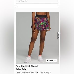 Lululemon Court Rival High Rise Skirt, like new, size 4.